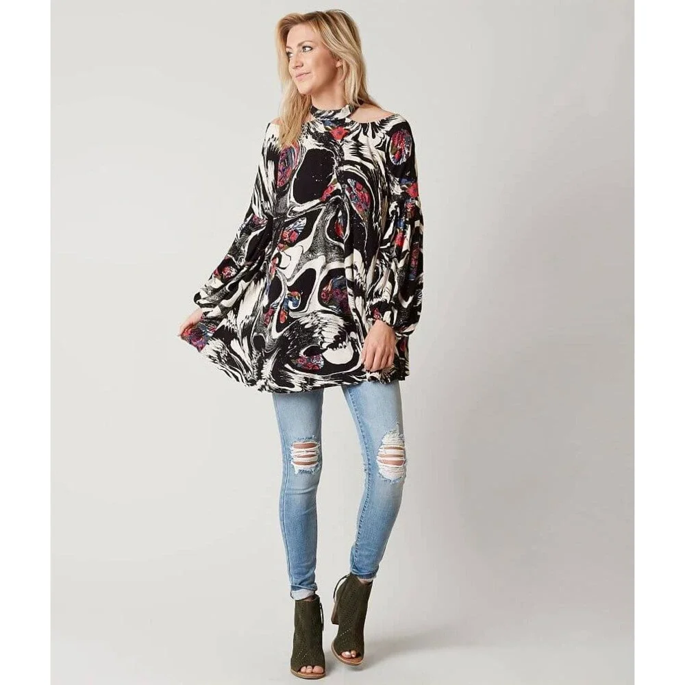 Free People Drift Away Top/Dress High Neck Peekaboo Shoulder Balloon Sleeve Sz S